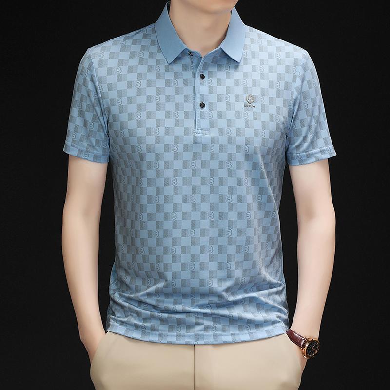 Summer Men's Plaid Printed Polo Shirt High-End Brand Business Leisure Seamless Short Sleeved Cool Lapel T-shirt Men's Clothing