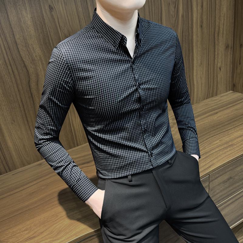 

Men Grid Pattern Dress Shirt Long Sleeve Slim Fit Buttons Shirt Casual Formal Business Shirt Men S чёрный