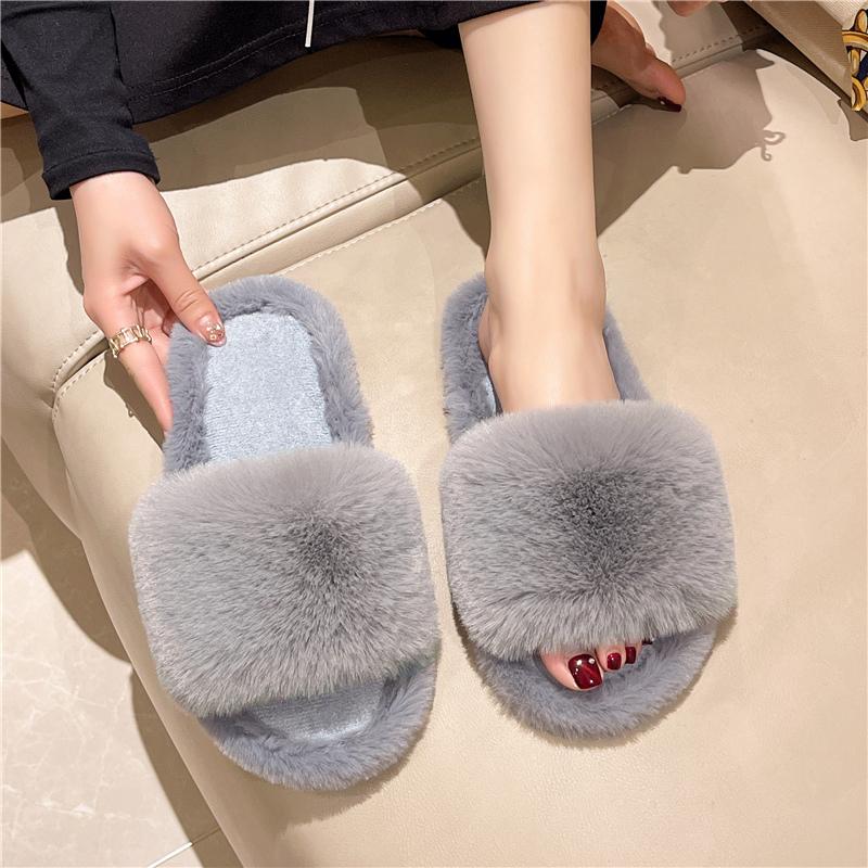 

Sweet Classic Women Slippers Casual Flat Low Heels Basic Shoes Woman Solid Fur String Bead Slip on Winter Slides Plus Size 36