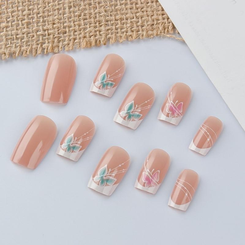 Packung mit 24 französischen Schmetterling Nagelkunstspitzen künstliche Nägel elegantes Design für sofortige Anwendung Naturweiß-Effekt