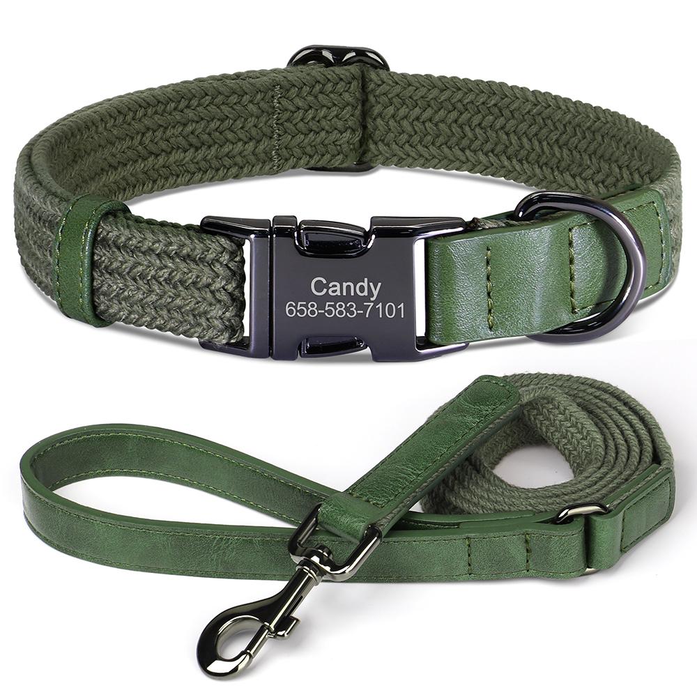 

Personalized Dog Collar Leash Set Nylon Dog Collars With Walking Lead Rope Adjustable Pet Necklace for Small Large Dogs Durable S зелёный