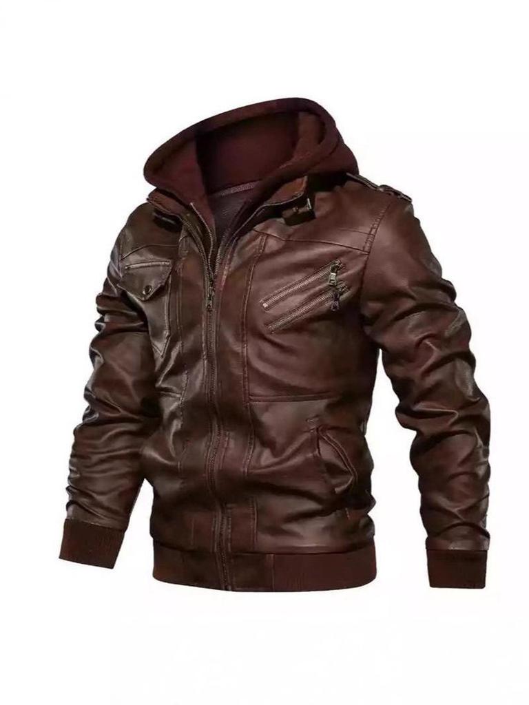 Youth Black Leather Jacket with Stand Collar and Zipper Welt Pockets, Hooded Winter Design, Straight Hem - In Stock