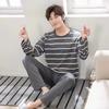 Pajamas Men Long-Sleeved Cotton Autumn and Winter Can Be Worn Outside the Casual Large Size Grey Striped Sleepwear Homewear