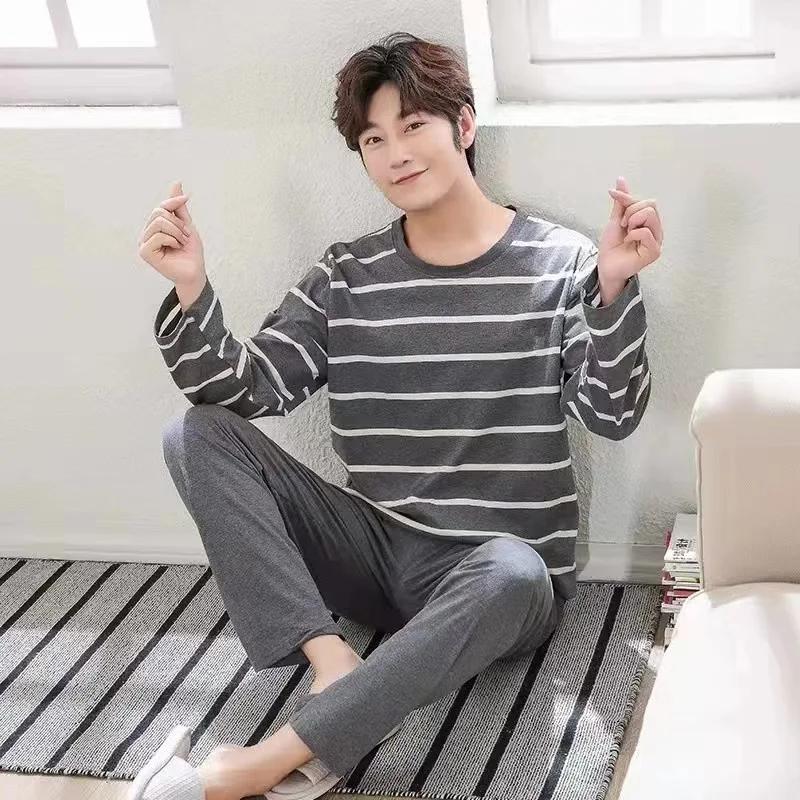 Pajamas Men Long-Sleeved Cotton Autumn and Winter Can Be Worn Outside the Casual Large Size Grey Striped Sleepwear Homewear