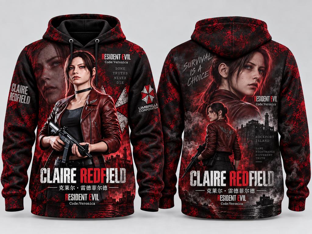 Claire Redfield Resident Evil 3D pilna apdruka hūdijs ar divpusēju spēles portreta grafiku, unisex sieviešu ielu apģērbs, ikdienas sporta krekls