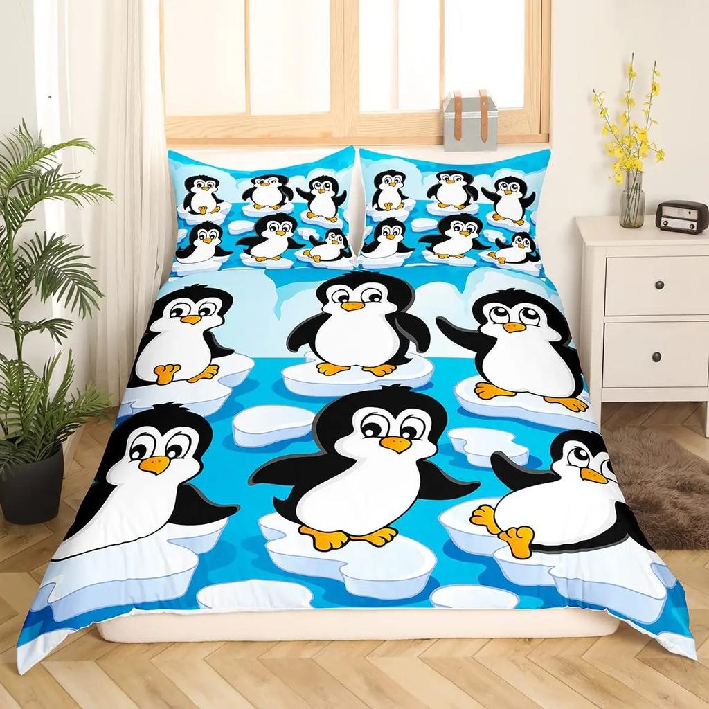 Comforter Penguin Comforter Kawaii Animal Print Black White Little Penguin Blue Iceberg Antarctica Winter Bedding Set