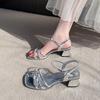 French Rhinestone Sandals Women's Summer 2025 New Fashion Women's Open Toes with Skirt Thick Heel with High Heels