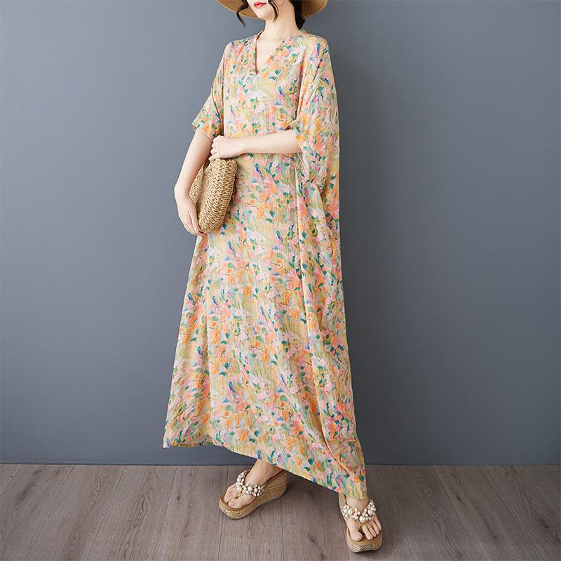 

DIMANAF 2025 Летнее платье больших размеров для женщин Повседневное винтажное платье-рубашка с V-образным вырезом Свободное базовое платье с принтом One Size