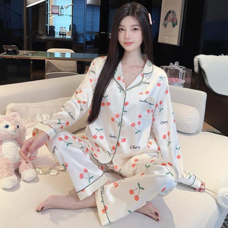 Ice Silk Pajamas Women'S Spring And Summer Thin Long-Sleeved Trousers Fashion Cool Cardigan Loungewear Suit Can Be Worn Outside