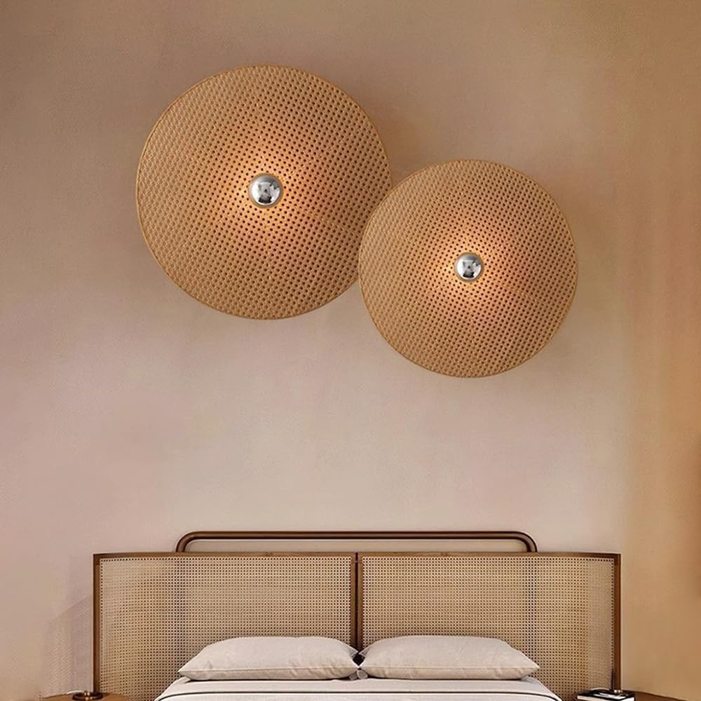 Round Rattan Wall Sconce Rustic Wall Light Handwoven Wall Sconces Lighting Fixture Vintage Circular Wall Mount Lights Living Room Wall Sconces