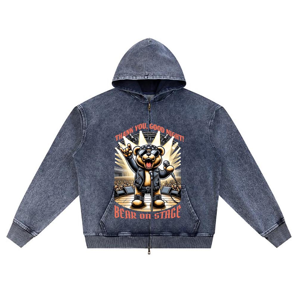 DTG Print Knitted Denim Zip-Up Hoodie Streatwear Brother Print Zipper Hoodies  