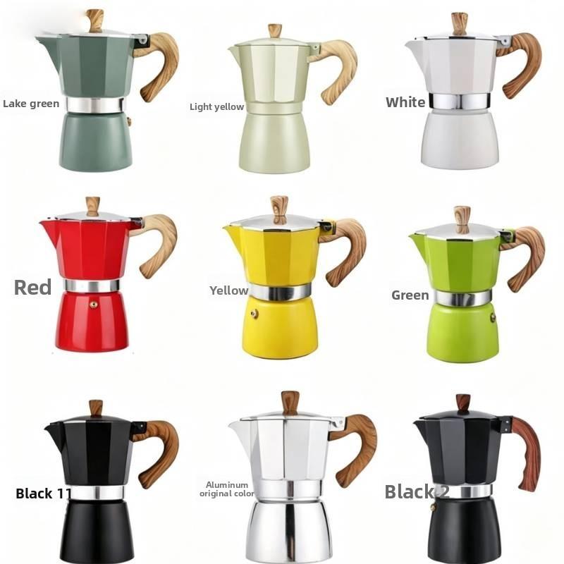 Caffettiera Moderna Minimalista in Alluminio con Manico in Legno per la Preparazione in Casa