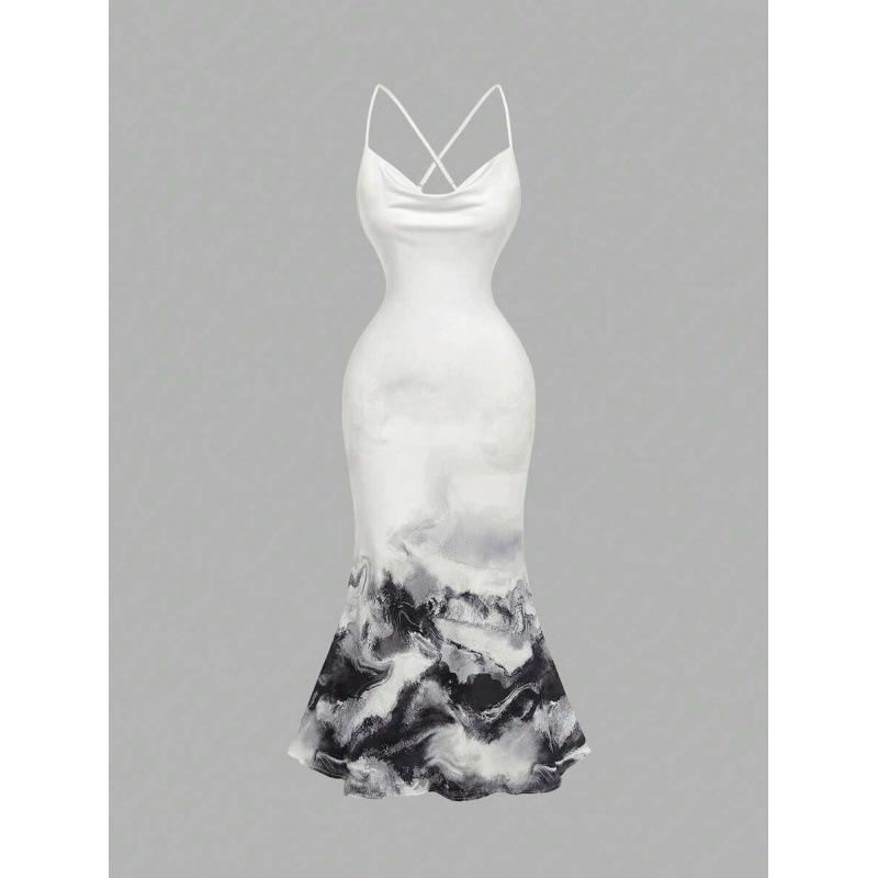 European and American 2026 Summer New Elegant Printed Backless Halter-Neck Mermaid Mid-Length Dress XS