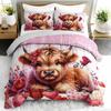 3PC Highland Cow Comforter Set Cute Animal Farmhouse Bedding with Heart Rose Duvet 2 Pillowcases for Bedroom Guest Room