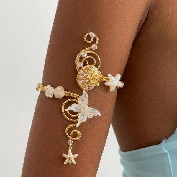 Boho Elegant White Flower Open Cuff Armlet for Women Vintage Gold Wire Wrapped Adjustable Arm Bracelet Beach Body Jewelry