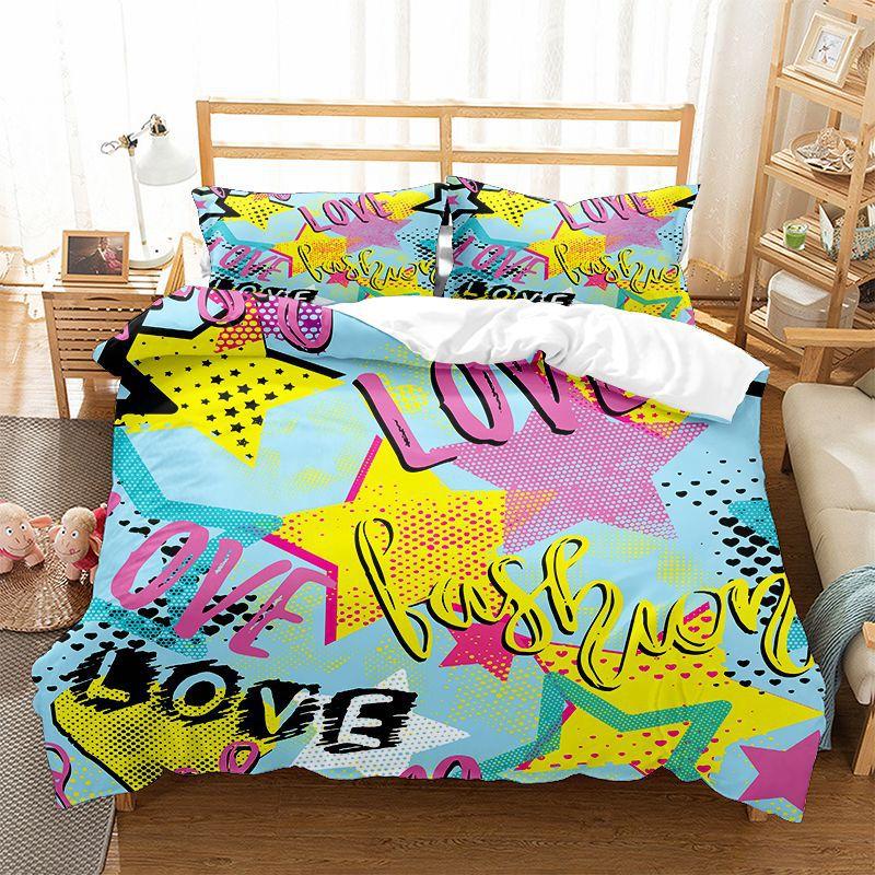 Graffiti Duvet Cover Set Cute Hip Hop Style Polyester Comforter Cover With Pillowcase Queen Full Size For Kid Teen Bedding Set