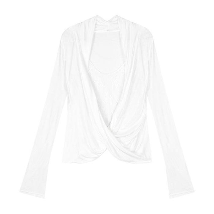 80G modal + lace, lace splicing fake two-piece swing neck T-shirt long-sleeved slim-fit design pure desire top