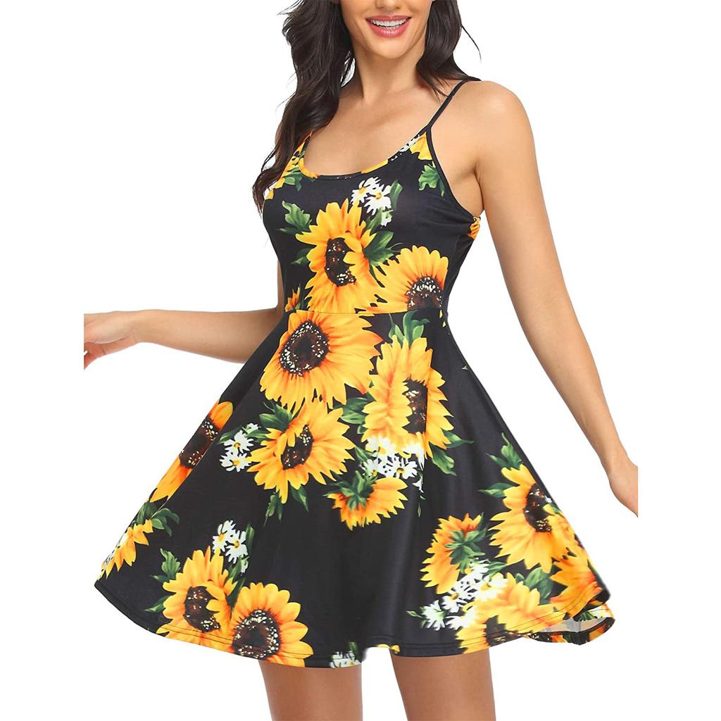 Women's Fashion Casual Sleeveless Shoulder Strap Flower Flared Dress