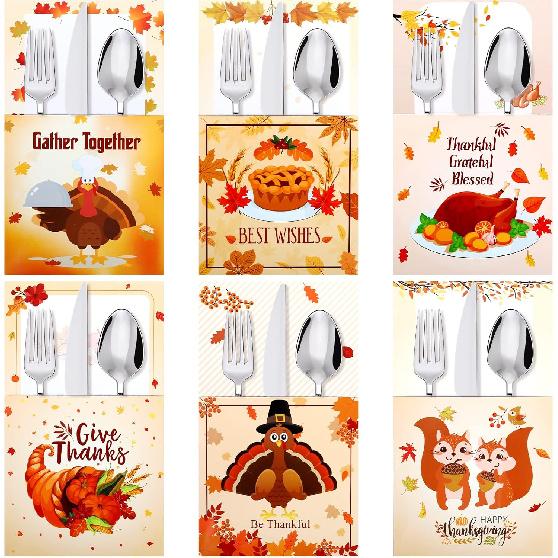 Naler 24 Pieces Thanksgiving Cutlery Holder Set, Fall Thanksgiving Utensil Holder, Thanksgiving Silverware Holders for Thanksgiving Party Supplies