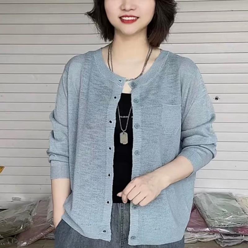 

Summer Women s Solid Color Knitted Cardigan Long Sleeved Thin Sunscreen Knitted Top 2XL синій