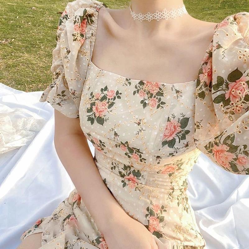 French coffee break medium and long skirt new design sense niche square neck bubble sleeve floral dress women's summer