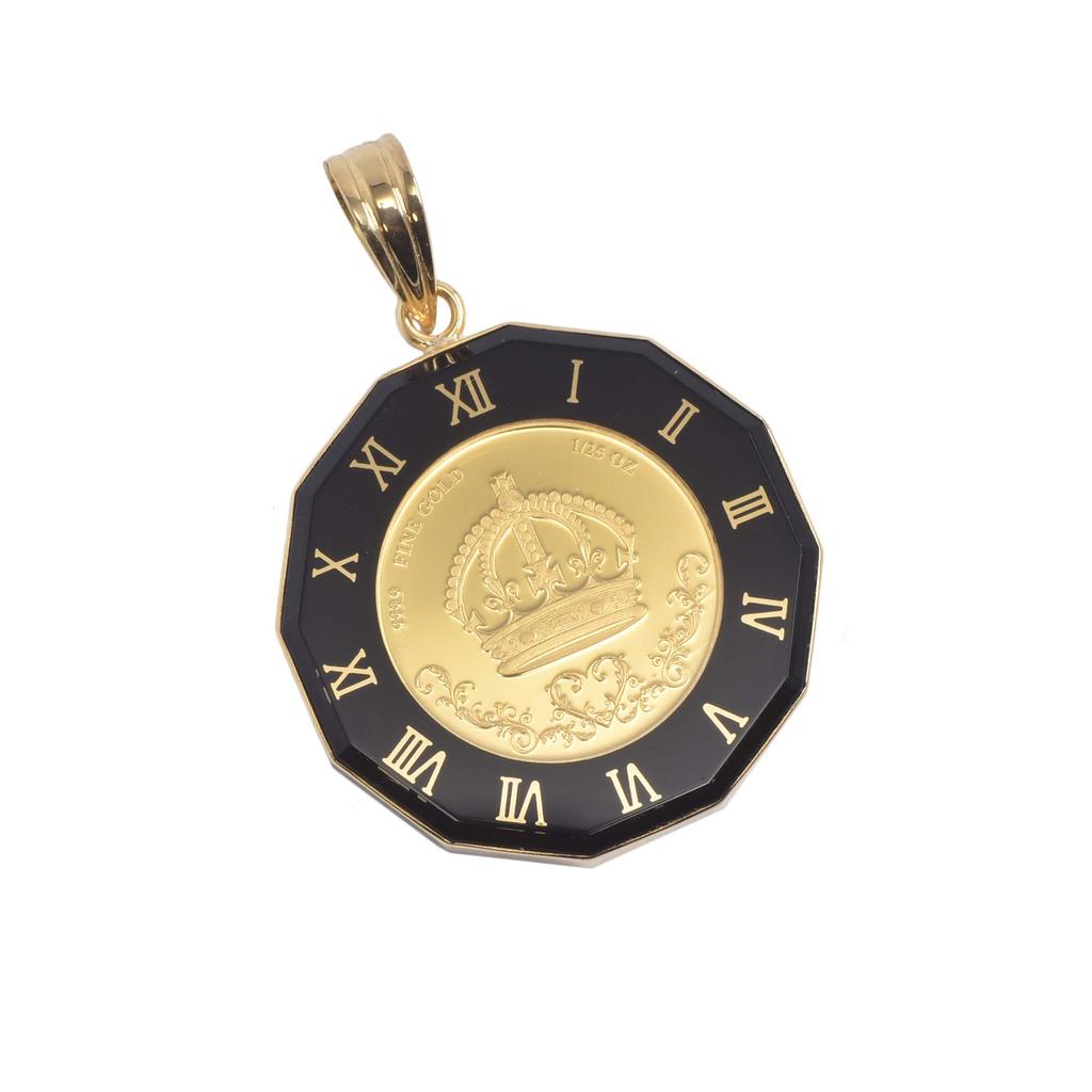 Speranza 24K Pure Gold Coin Pendant Top Crown Black Glass Clock with 18K Engraving 1/25oz