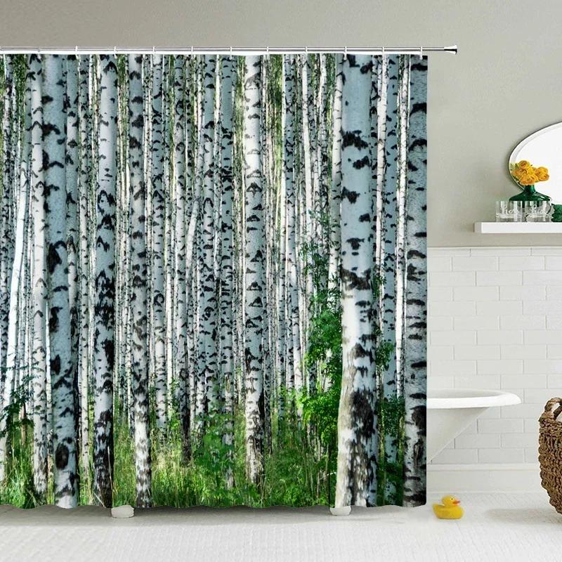 Berkenbomen Boslandschap Douchegordijn Waterdichte Stof Badkamer Gordijnen Natuurlijk Landschap Bad Scherm Met 12 Haken