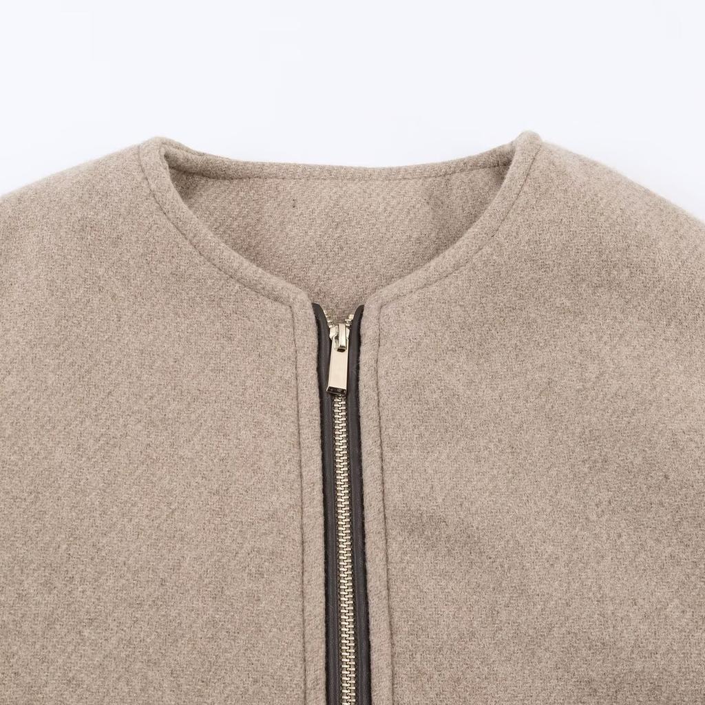 Foreign trade autumn and winter new women's clothing European and American style fashion simple leather effect decoration layer long sleeve woolen ja