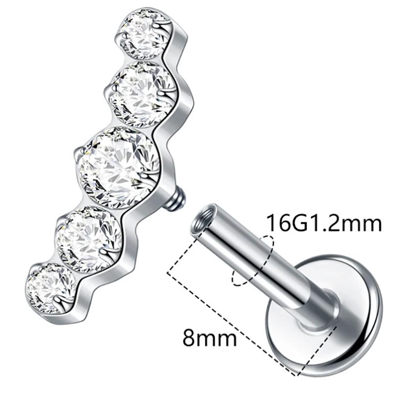 2Pcs Titanium 5 Cz Cluster Climber Stud Earrings 16G Daith Helix Tragus Cartilage Lobe Piercings Flatback Labret Stud Jewelry
