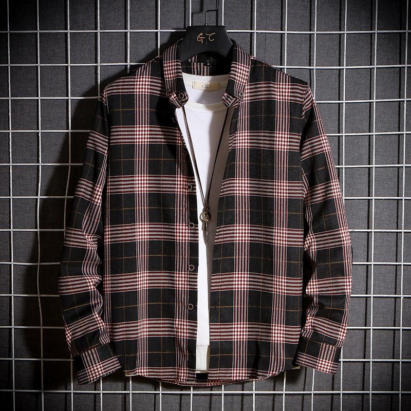 Men Fashion Plaid Long Sleeve Loose Casual Stand Collar Shirt