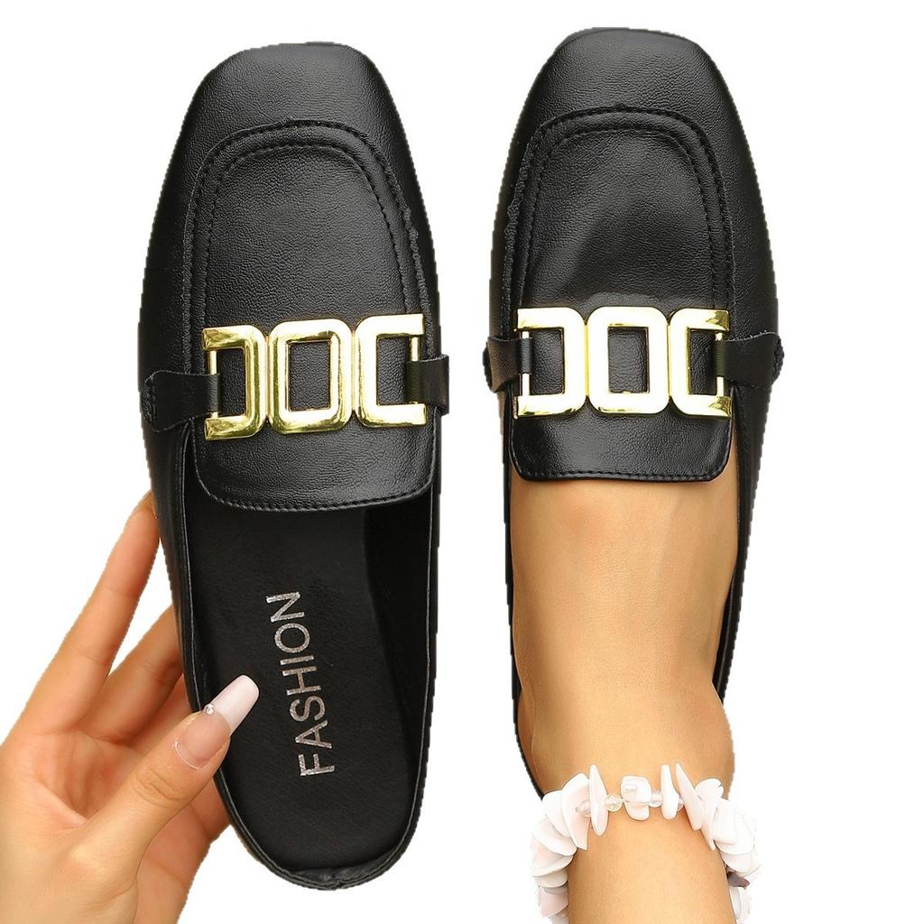 2025 Europäische Station Einzelne Schuhe Damen Neu Vielseitig Schnalle Metall Sommer Flache Sohle Leichter Mund Metallschnalle Farbe Slipper