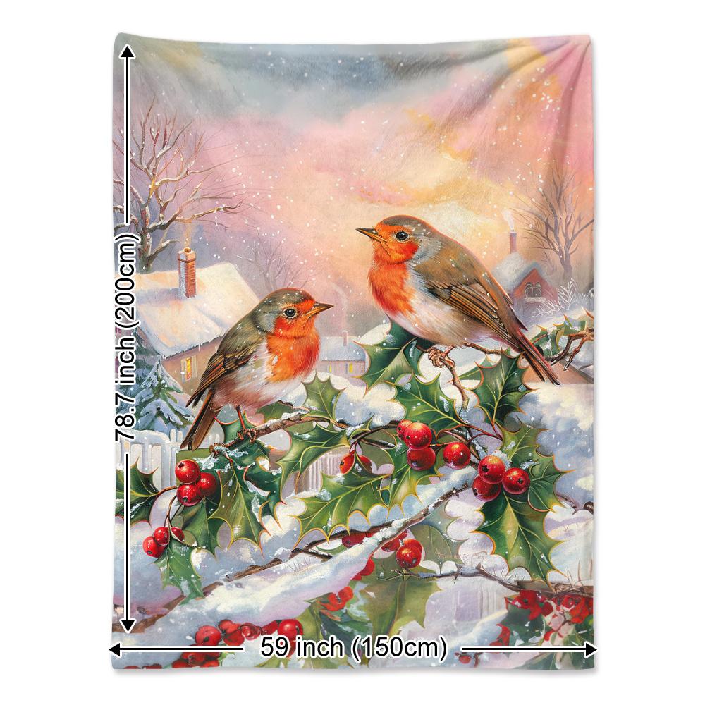Watercolor Winter Town Blanket Christmas Birds Holly Berries Plants Soft Cozy Warm Throw for Bed Sofa Travel Gift