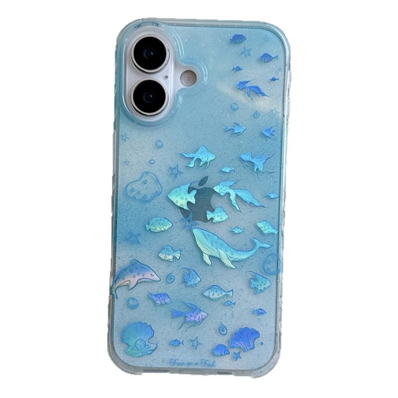 Gradient Blue Laser Fish School Case for iPhone 17/16 Pro Max/15 Pro - High-End Aesthetic