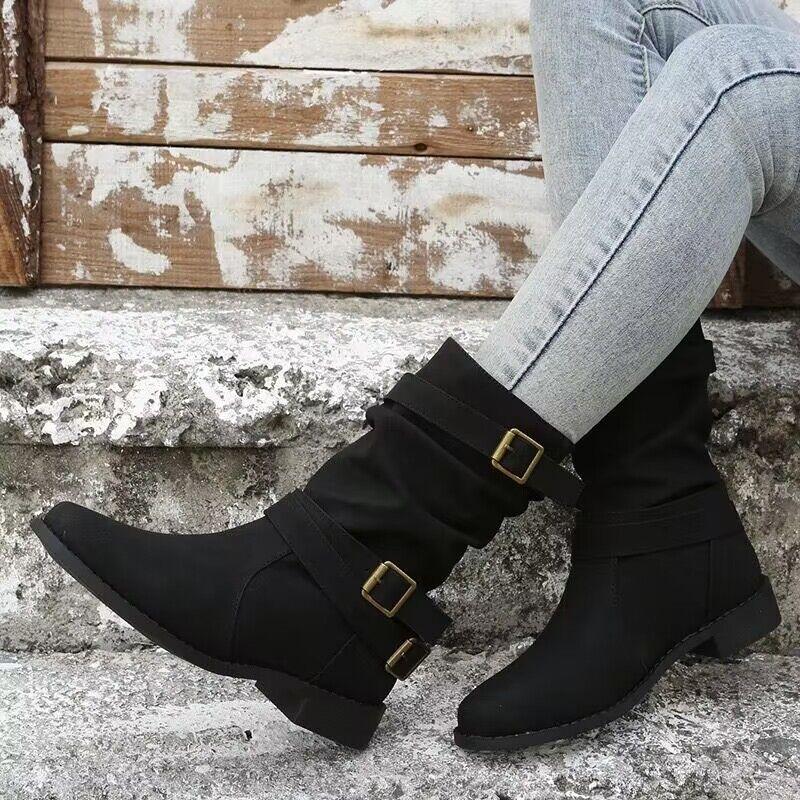 Women's boots autumn and winter new retro buckle pleated low heel medium boots women's large size Martin boots women