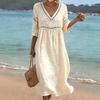 Spring Summer Women's Elegant Casual V-Neck Solid Color Mid-Sleeve Dress For European American Crossbody