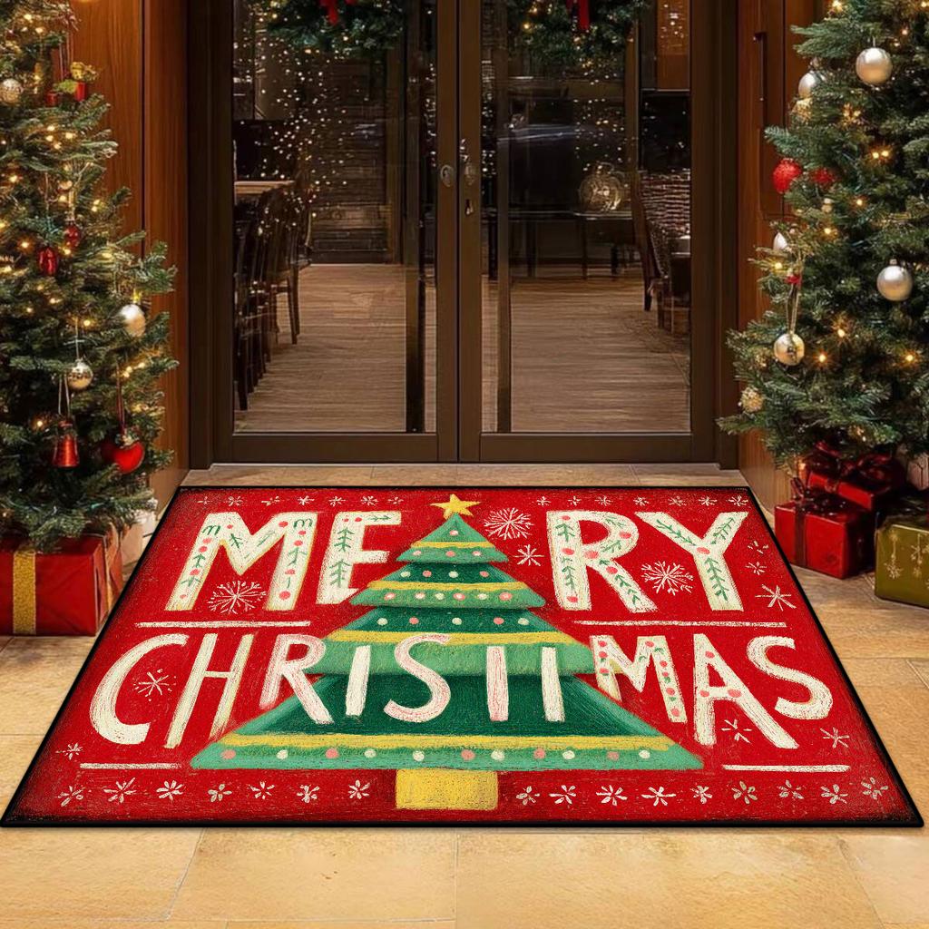 Christmas Tree Pattern Non-slip Entrance Door Mat Easy Cleaning Large Size Living Room Rugs Soft Red Green Room Decor Carpet