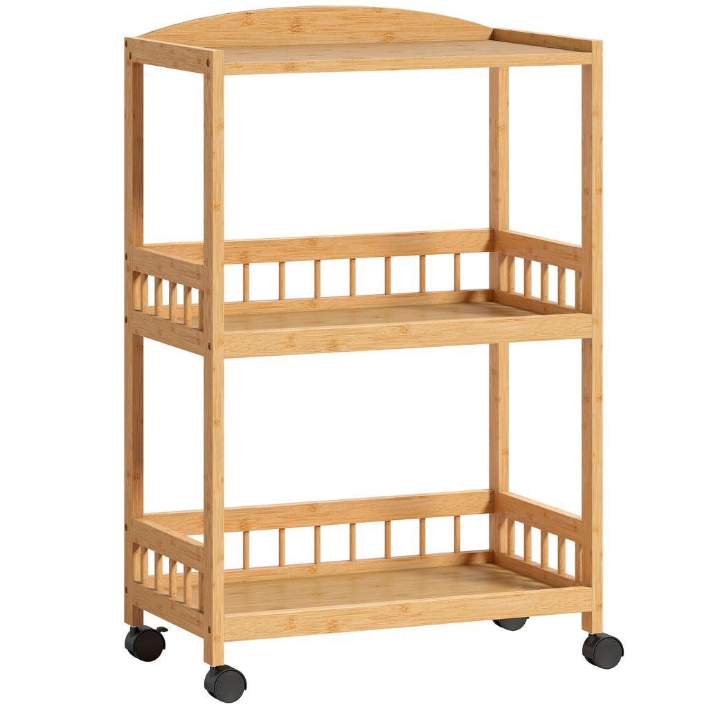 Kitchen Cart Rolling Cart with 3 Levels, Serving Cart with Storage Kitchen Shelf on Casters, for Kitchen Bathroom Office Natural Wood