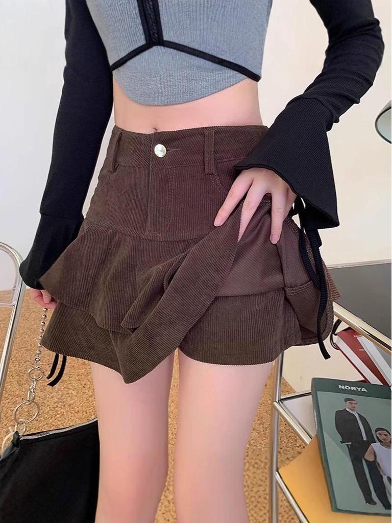 2024 New Autumn/Winter Women's Petite High Waist Double Layer Corduroy Fishtail A-Line Skirt