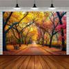 2D Flat Banner, Oversized Autumn Landscape Photography Tapestry - Vivid Fallen Leaves and Bench Path Scene, Polyester Ma
