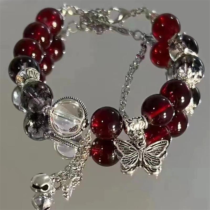 Niche Design Y2K Butterfly Star Chain Tassel Bracelet for Women Vintage Red Crystal Beads Bracelet Best Friend Jewelry Gift tiki