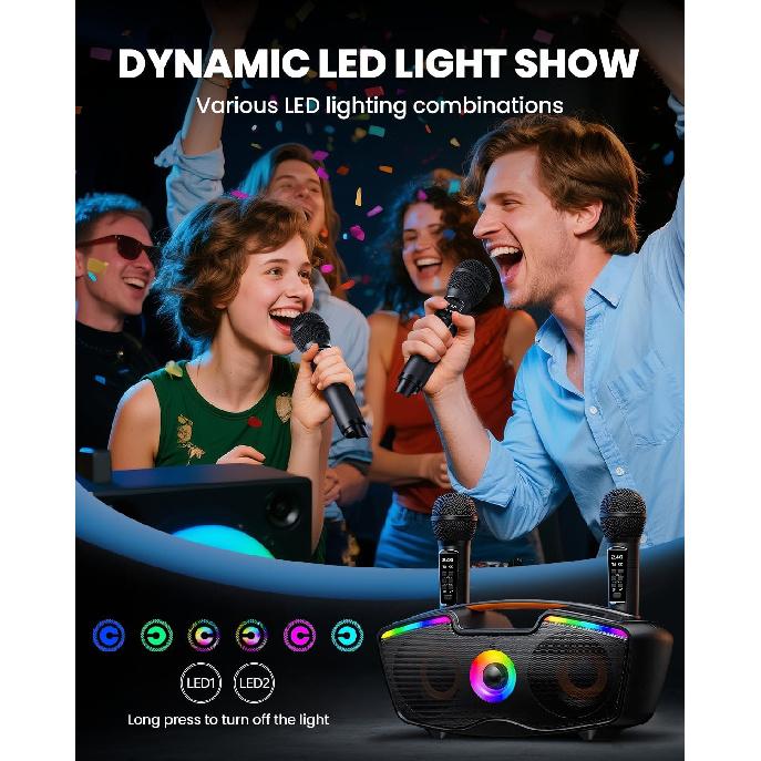 Bluetooth Karaoke Machine for Adults & Kids, 80W Portable Speaker with 2 Wireless Microphones, Echo Adjustment, Support USB/AUX/TF Card