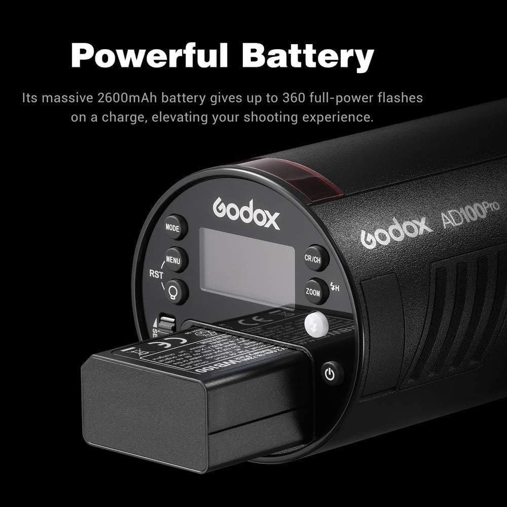 Godox AD100Pro 100Ws TTL HSS Pocket Lithium 360 Second Round Magnetic Flash Head 2.4G 1/8000s Flashlight, 7.2V/2600mAh Battery, Full-Power Flashes,