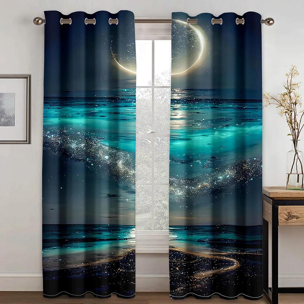 Green Aurora Curtains Night Stars Moon Curtains Living Room Bedroom Home Decor Curtains 2 Panels