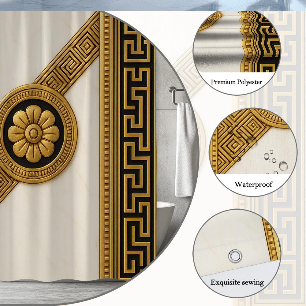 Tenda da Doccia con Motivo a Greca Oro e Nero Design Antico Stile Architettura Classica Decorazione Impermeabile Installazione Semplice