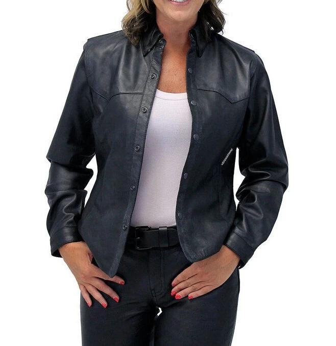 Shirt Designer Leather Black Stylish Women Handmade 100%Casual Lambskin Genuine