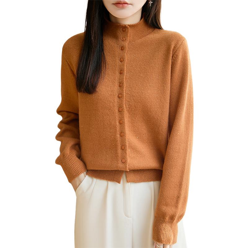 Women's Stand Collar Knit Cardigan with Sequin Yarn and Buttons - Long Sleeve, Versatile, Casual Loose-Fit Sweater Top