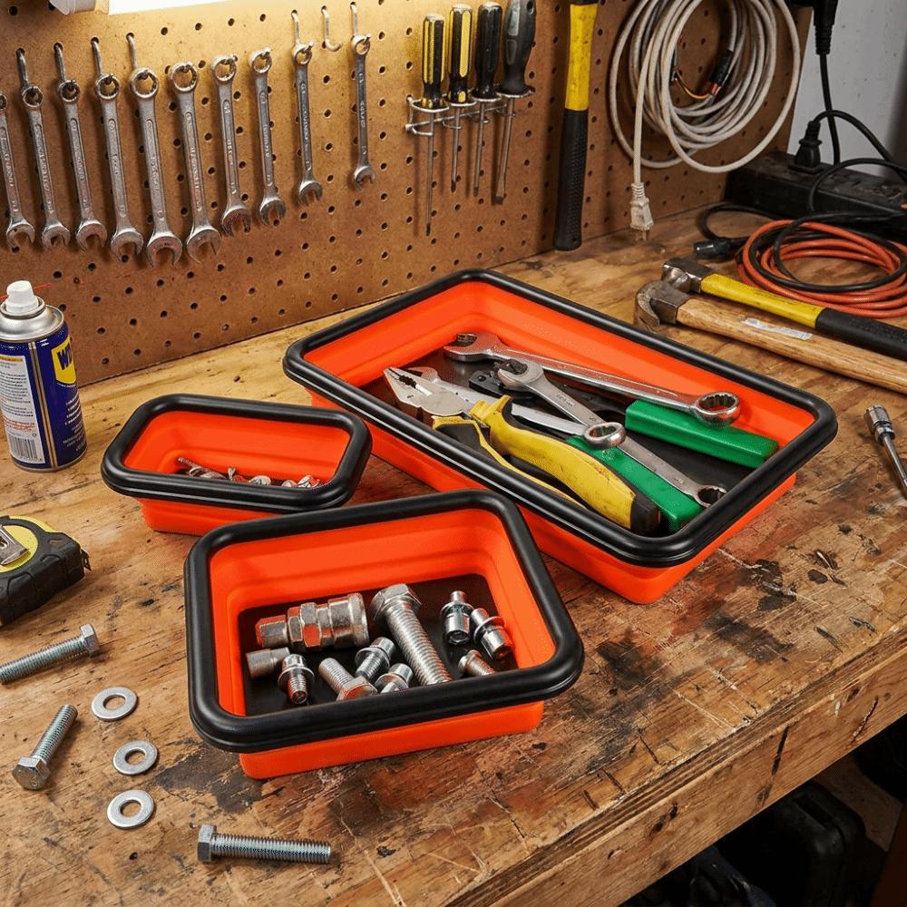 3Pcs Strong Magnet Collapsible Parts Tray Collapsible Silicone Tray Set Carpenter Tool