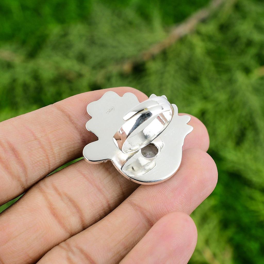 Gift For Her 925 Silver Natural Rainbow Moonstone Promise Flower Adjustable Ring