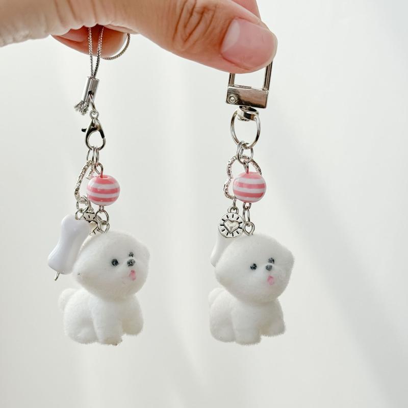 Cute Cartoon Flocking Puppy Keychain Girl Handbag Charms Decoration Kawaii Dog Key Ring Mobile Phone Pendant Chain Gift