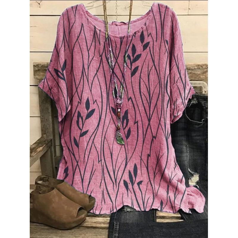 Women Plus Size 5XL Casual Loose Top Shirts Leaves Print Blouse T-shirt Ladies Fashion Vintage Blouse Half Sleeves T-shirt